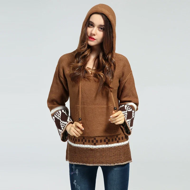 TEELYNN 2024 Boho Winter Knitted Women Sweater Pullovers Ethnic Embroidered Long Sleeve Loose Hippie Bohemia Hooded Sweaters