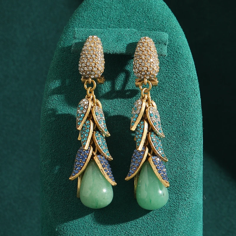 Vintage Rhinestones Leaves Green Earrings Jade Drop Antique Gold Color Luxury Quality Jewelry Retro Accessories Wedding Party