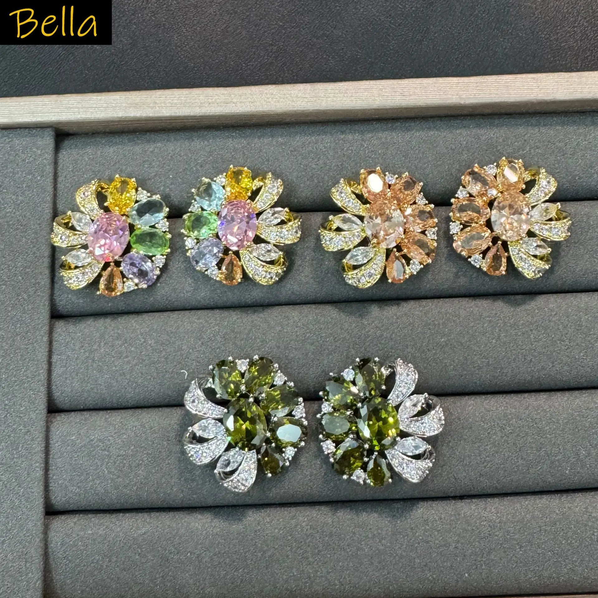 Multicolor Floral stud Earrings Cubic Zirconia Cluster Design Silver Gold Plated Jewelry daily wear women earrings flower