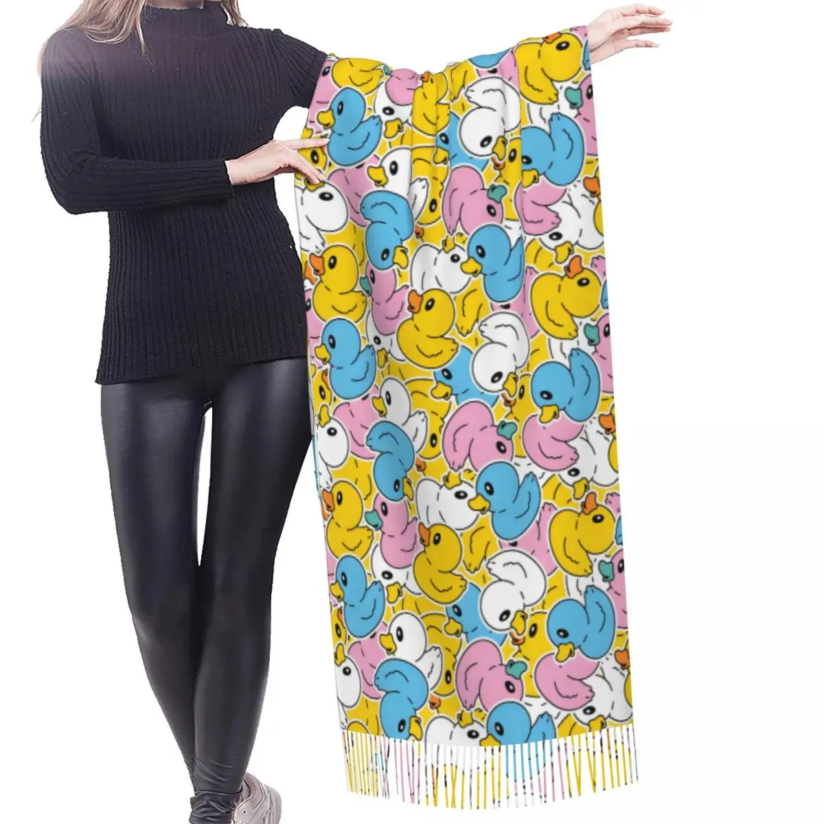 Custom Lady Large Rubber Duck Bathing Cartoon Pattern Scarves Women Winter Fall Thick Warm Tassel Shawl Wraps Scarf