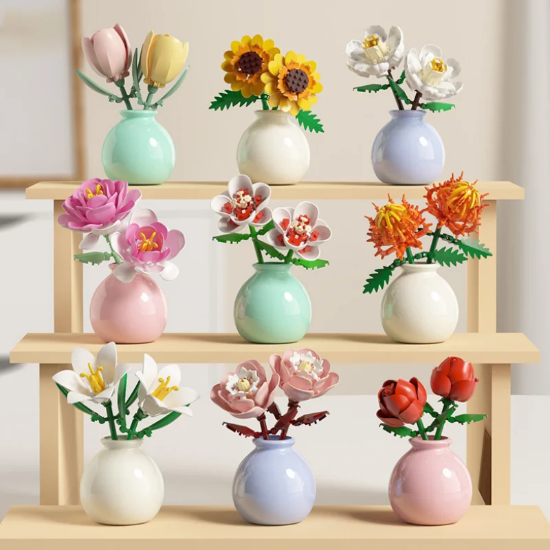 New Flower with Vase Model Tulip Sunflower Peony Micro Building Blocks DIY Assembly Living Room Home Desk Plant Decor Toys Gifts