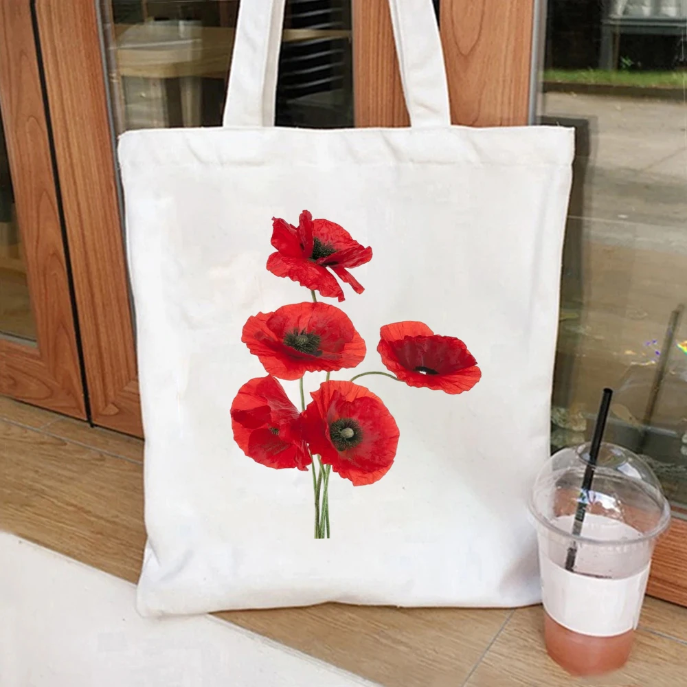 Three Red Poppies Canvas Tote Bag Minimalist Floral Arrangement Art Handbag For Botanical Enthusiast School Casual Shoulder Bag