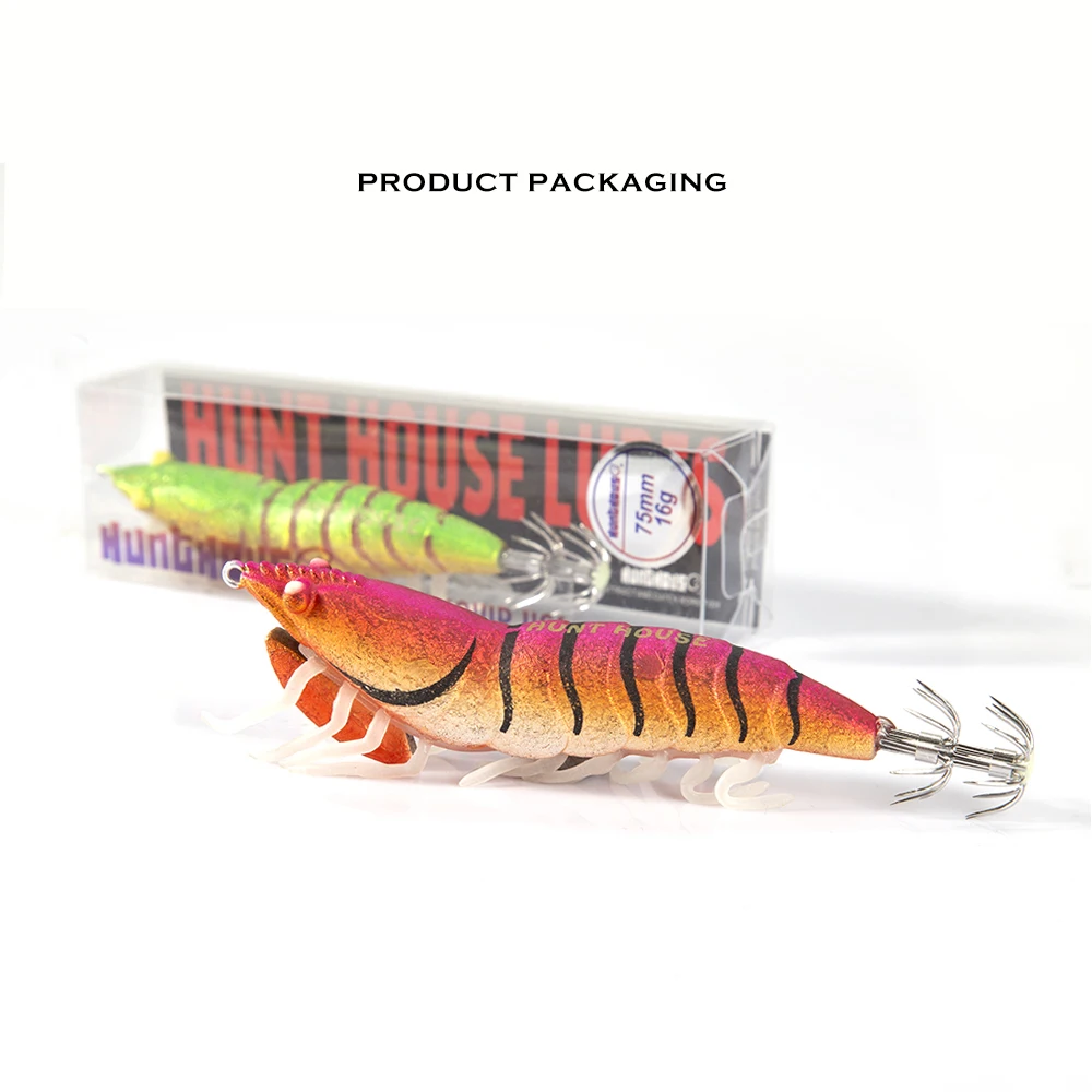 Hunthouse 3D Hybrid Jig Shrimp Egi Squid 3-teiliges Set 75mm/16g 115mm/20g EGI-Haken Leuchtender Künstlicher Hartköder für Oktopus