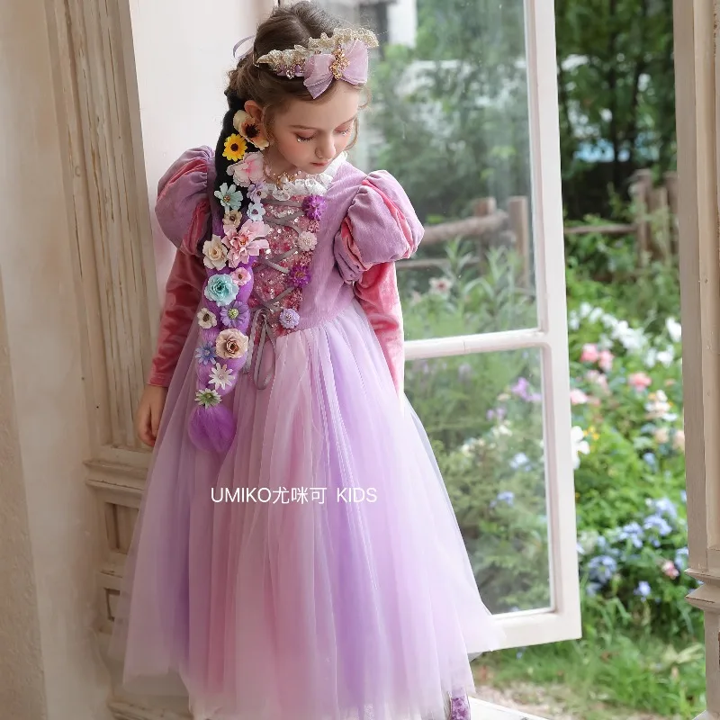 Pink Purple Gradient Tulle Girls Princess Dress Sequin Bodice Kids Fairy Ball Gown Children Birthday Party Costume