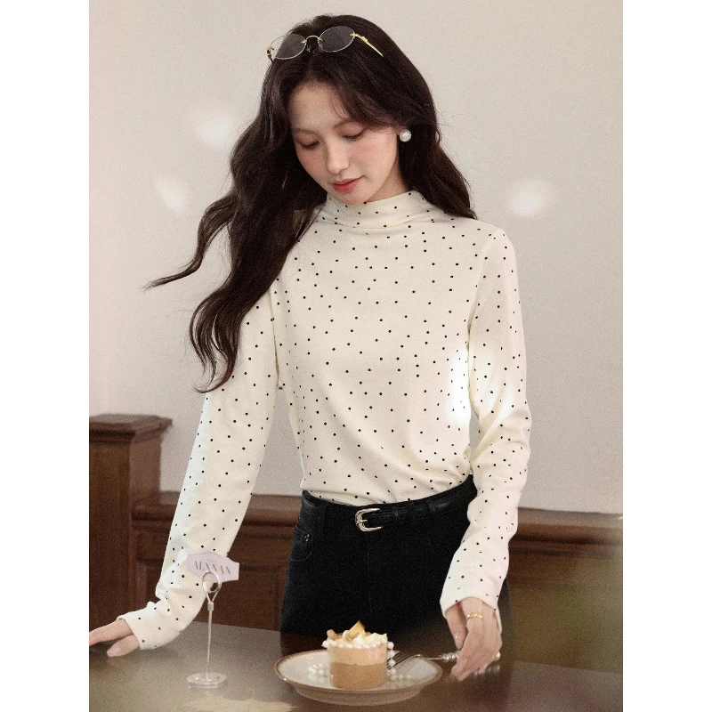 

ALXNAN Women's Long Sleeve T-shirt White Dot Turtleneck Slim-fit Basic Pullovers Autumn Versatile Commuter Tops Female L58930