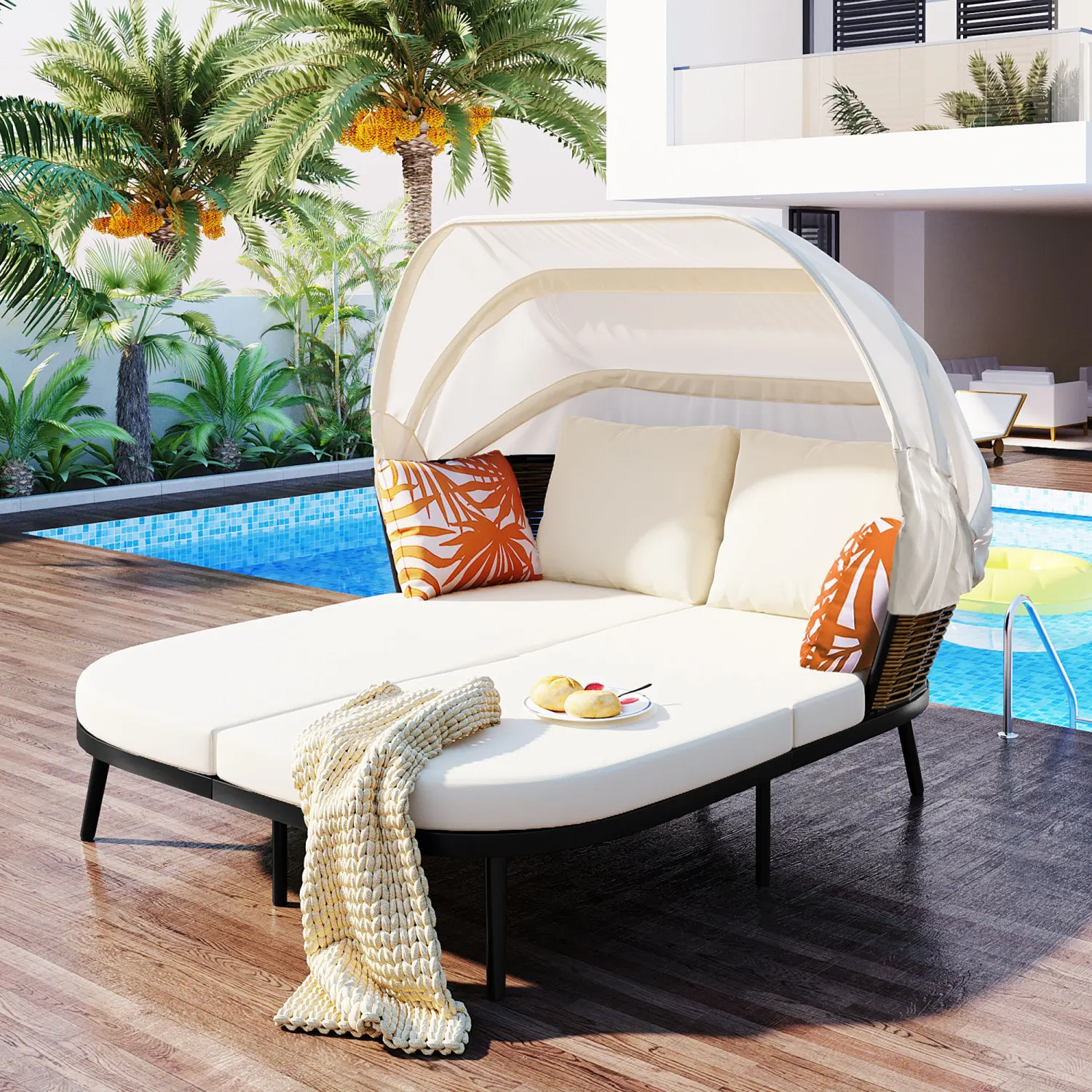 

TOPMAX 74.8" L Patio Daybed with Retractable Canopy, Outdoor Rattan PE Wicker Back Loveseat Sofa Set with Throw Pillows and Cush