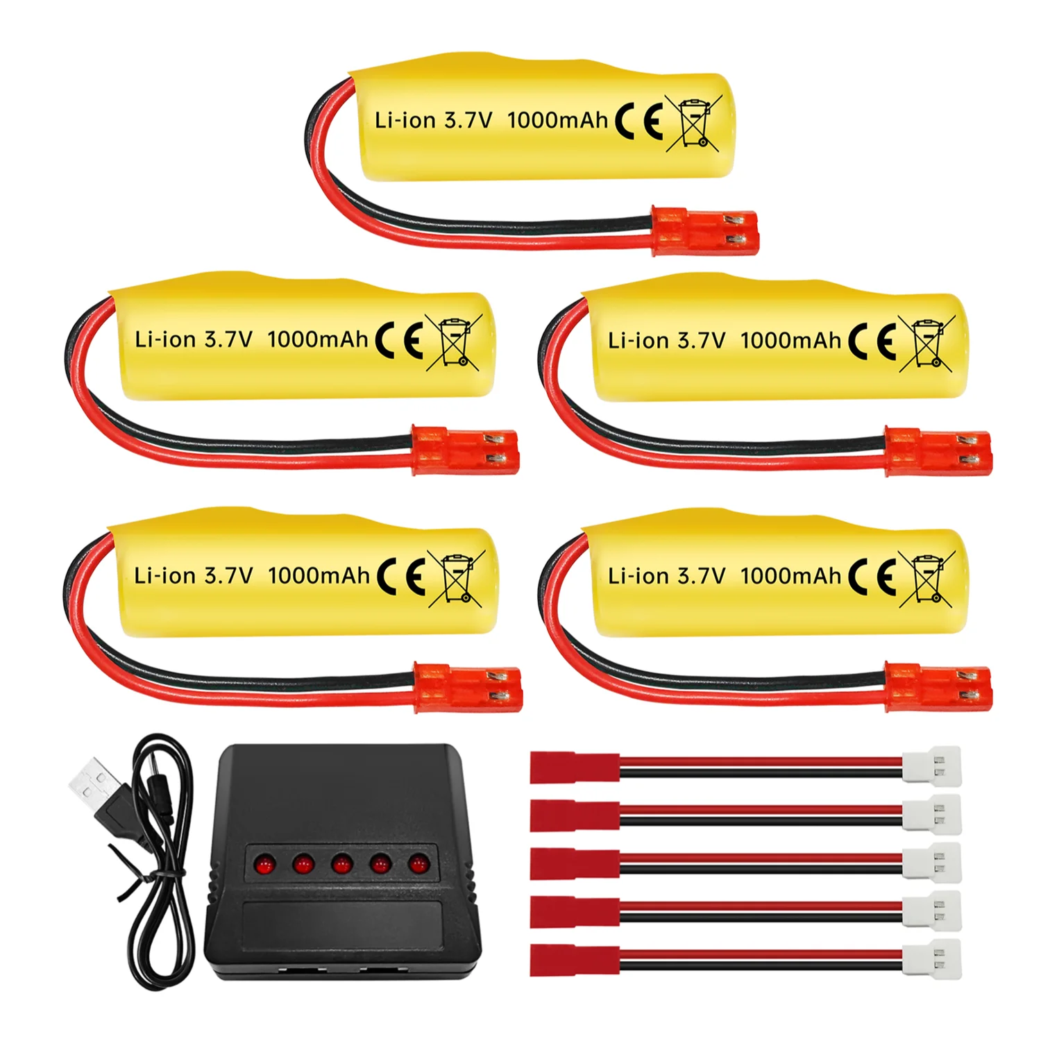 5PCS 3.7V 1000mAh JST-2P Plug Li-ion Battery with 1 to 5 Charger for Huina 1337 1338 1516 1517 RC Engineering Vehicle,RC Toy Car