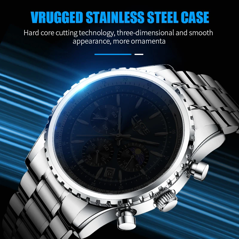 LIGE Business Men Watches Waterproof Chronograph Steel Band Men\'s Quartz Watch Fashion Luminous Calendar Man Watch Reloj Hombre