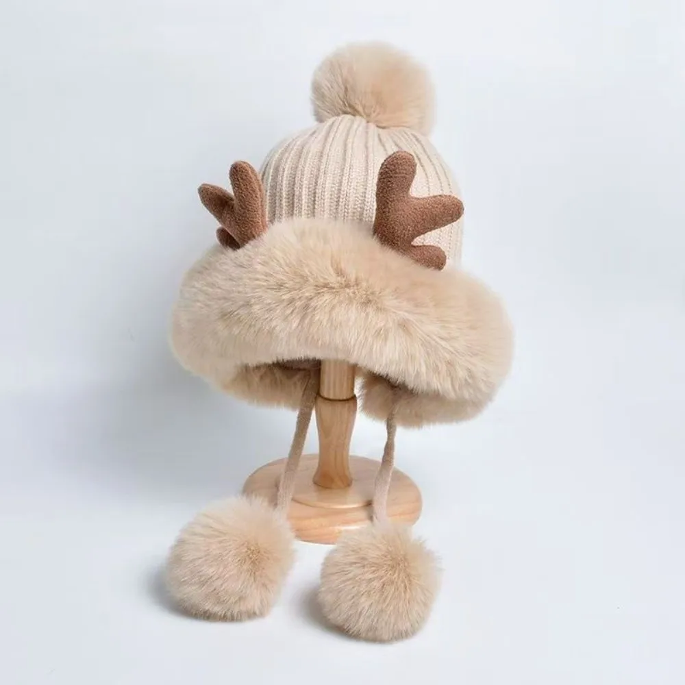 Pom Beanie Thickened Deer Antler Beanie Windproof Elastic Ear Protection Cap Thermal Breathable Fleece Lined Hat Skiing