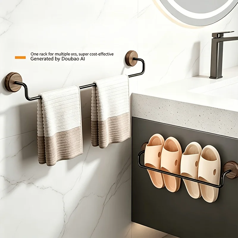 Multifunctional Wall Mount Towel Shelf, Walnut Wood & Carbon Steel Towel Rack with 5cm Hanging Distance for Home Bathroom