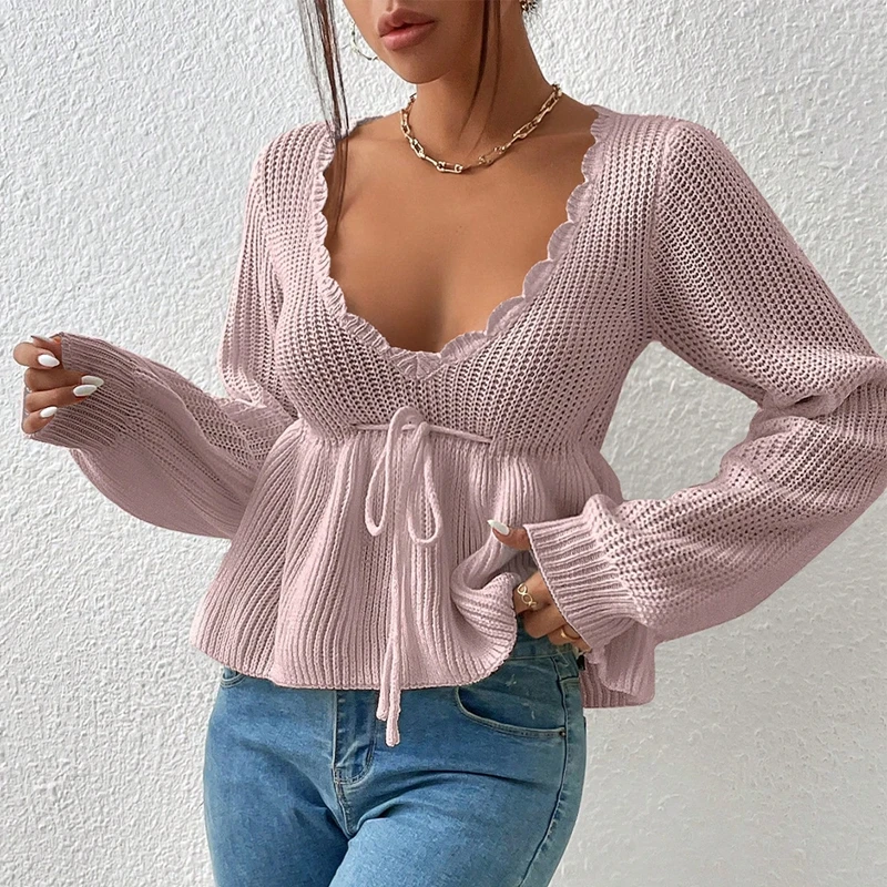 Women Spring Autumn Knitted Crop Tops Long Sleeve V Neck Drawstring Waist Knitwear 90s Vintage Cottage Grunge Pullovers Jumper