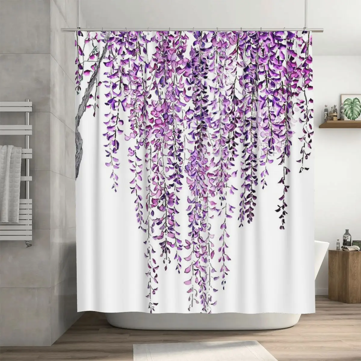 

Hand Painted Purple Wisteria In Bloom Shower Curtain Bathroom Polyester Waterproof Bath Curtains with Hooks