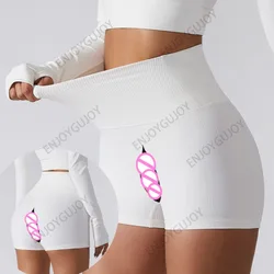 Invisible Open Crotch Fitness Shorts for Women, High Waist Belly Slimming Shorts, Hip Lifting, Sports Yoga Leggings, Outdoor Sex