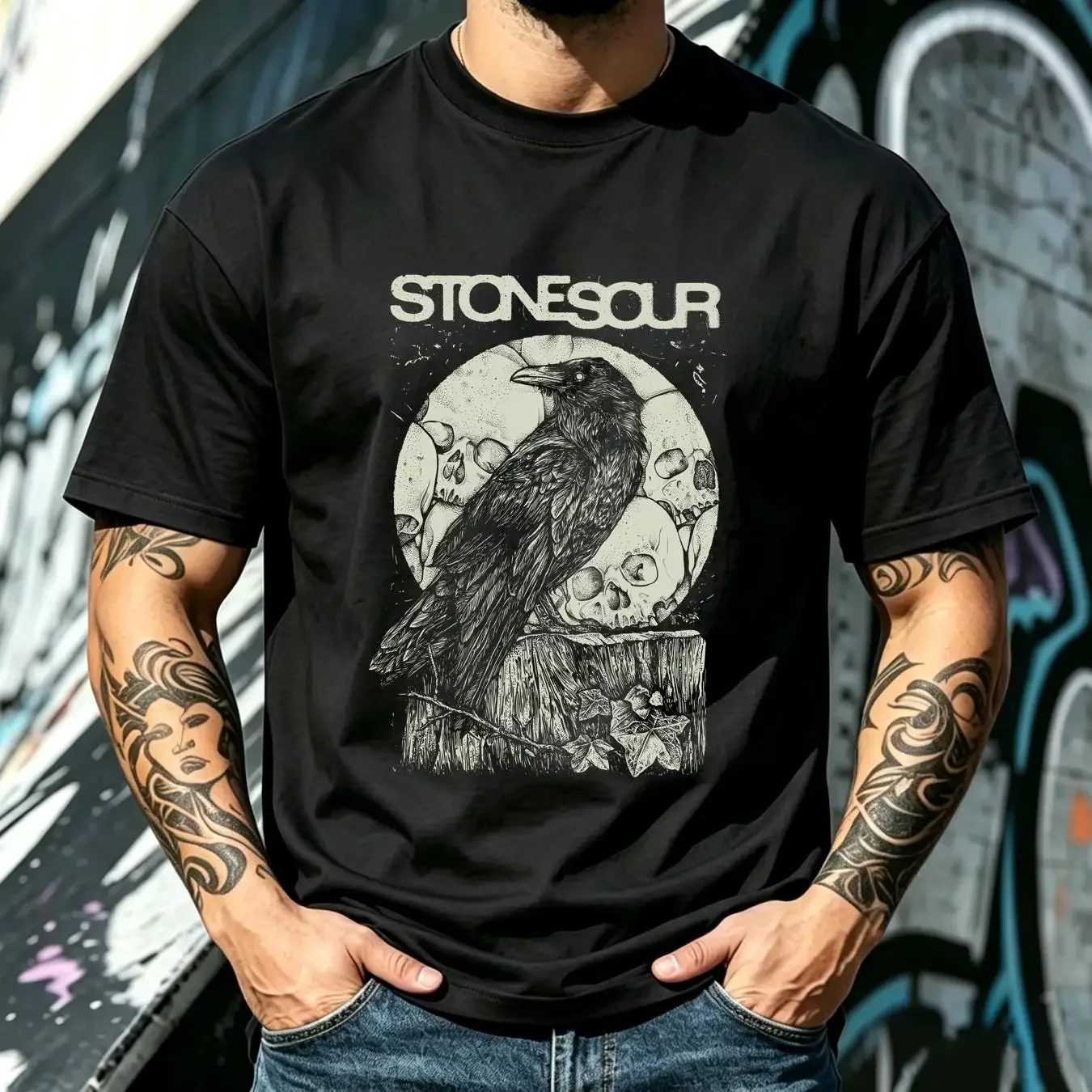washed T Shirt STONE SOUR CROW  Cotton Black Men All Size S to 5XL HC2061 vintage Washed Stylish Slightly Comfortable homme