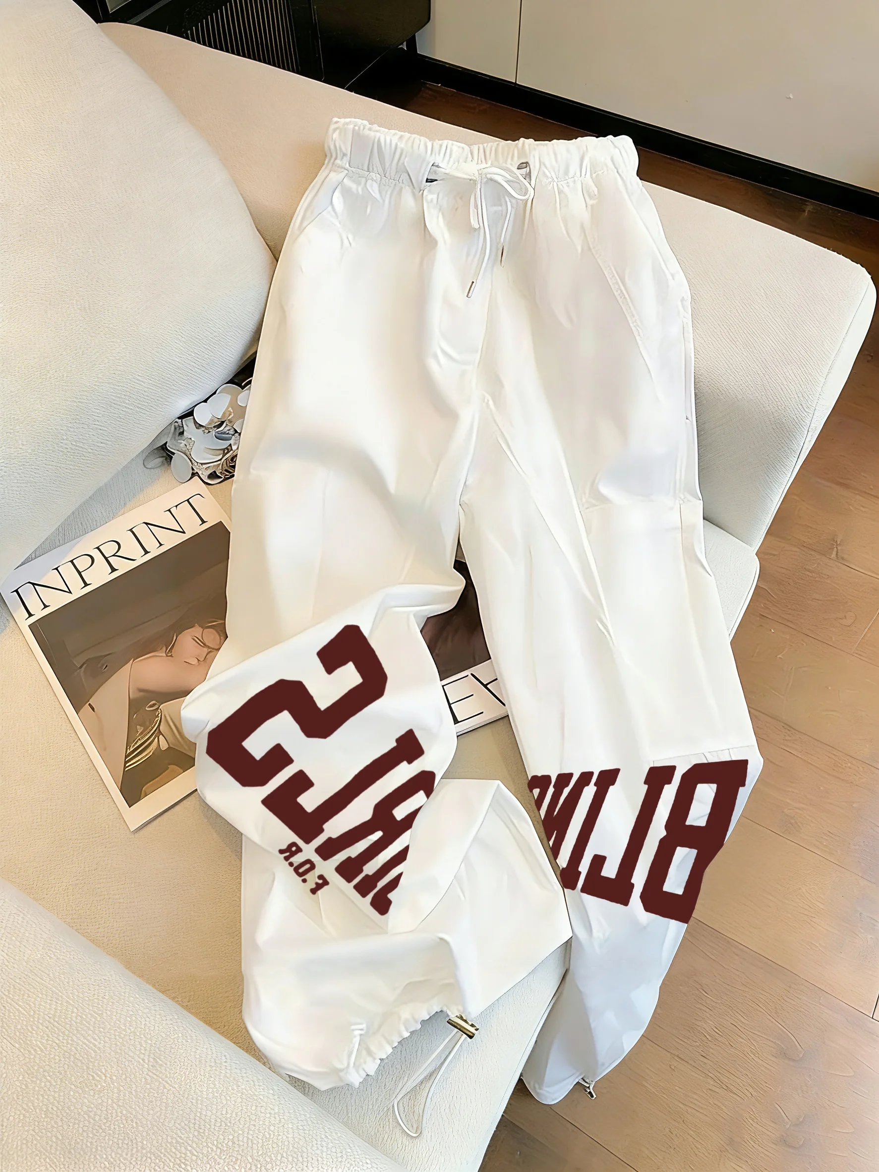 American Retro White Cuffed Work Pants Loose Wide Leg Casual Trousers for Men And Women Summer Fashion High Waist Drawstring