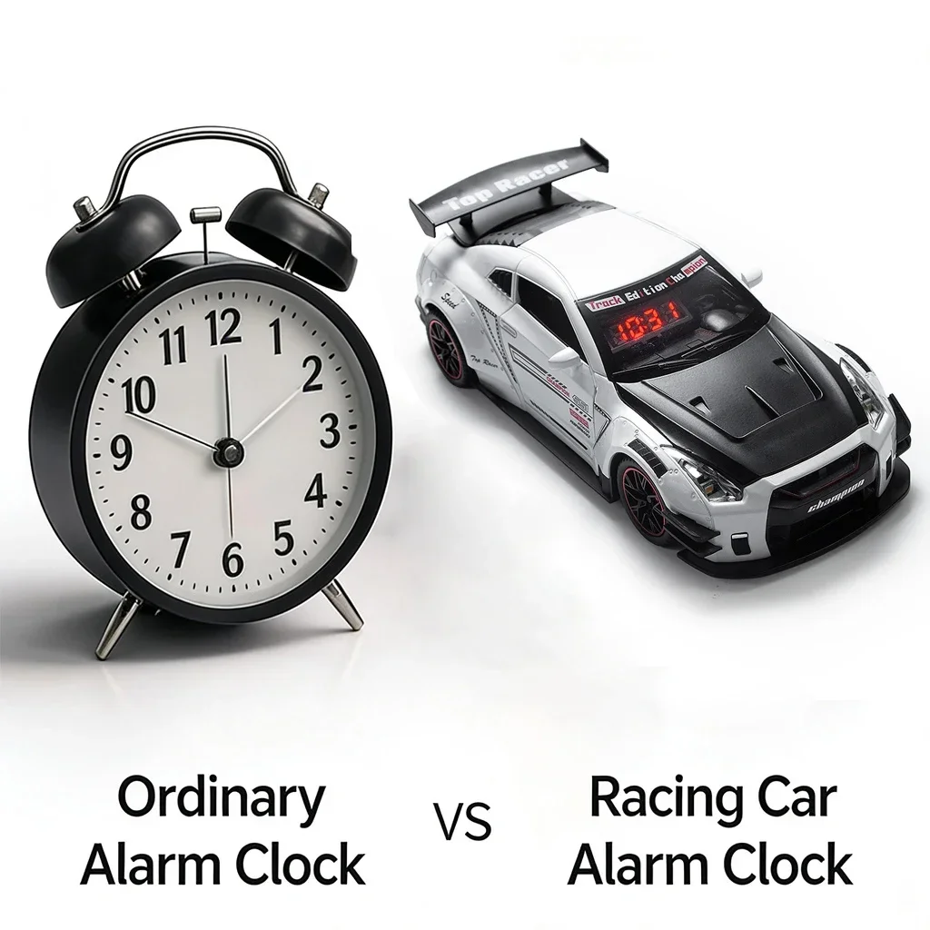 Car Alarm Clock, Rechargeable Battery Hyper Car Clock with Engine Sound, LED Flashing Light & Mist Spray for Room Decoration
