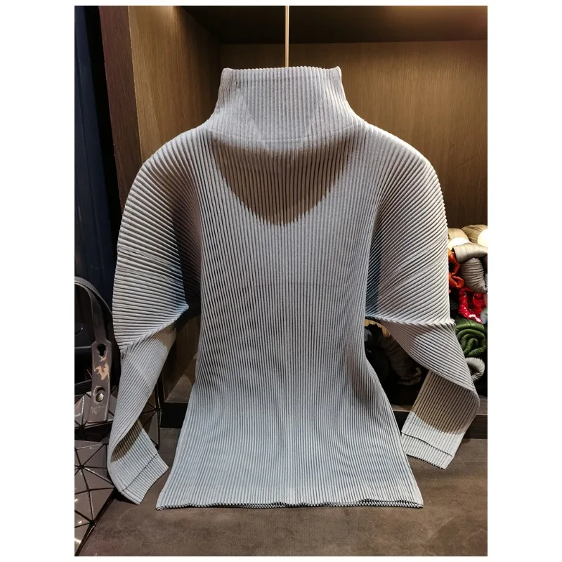 Miyake Pleated Sweatshirt Pit Stripe Zipper Standing Collar Jacket Women 2025 New Casual Pullover Hundred Pleat Skinny Tops
