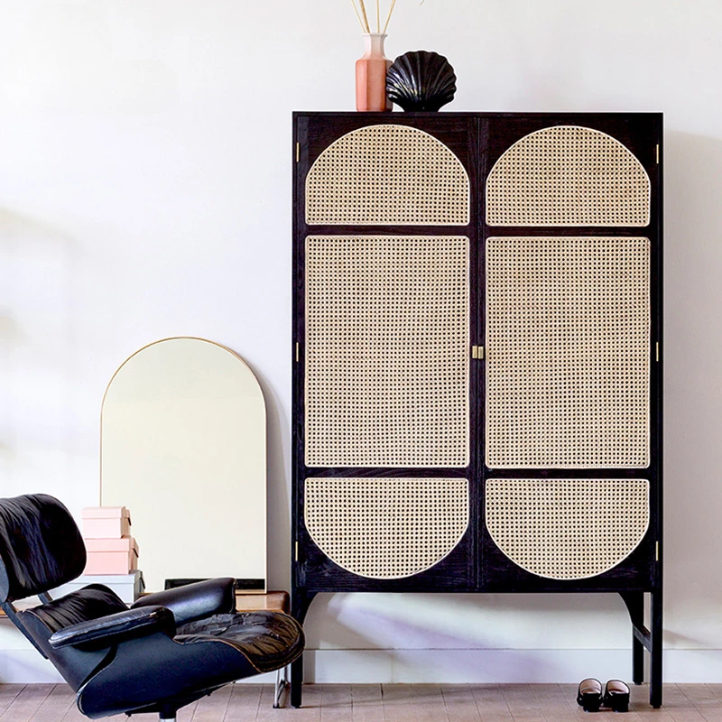 Nordic solid wood storage cabinet, modern retro wall storage cabinet, homestay hotel rattan weaving