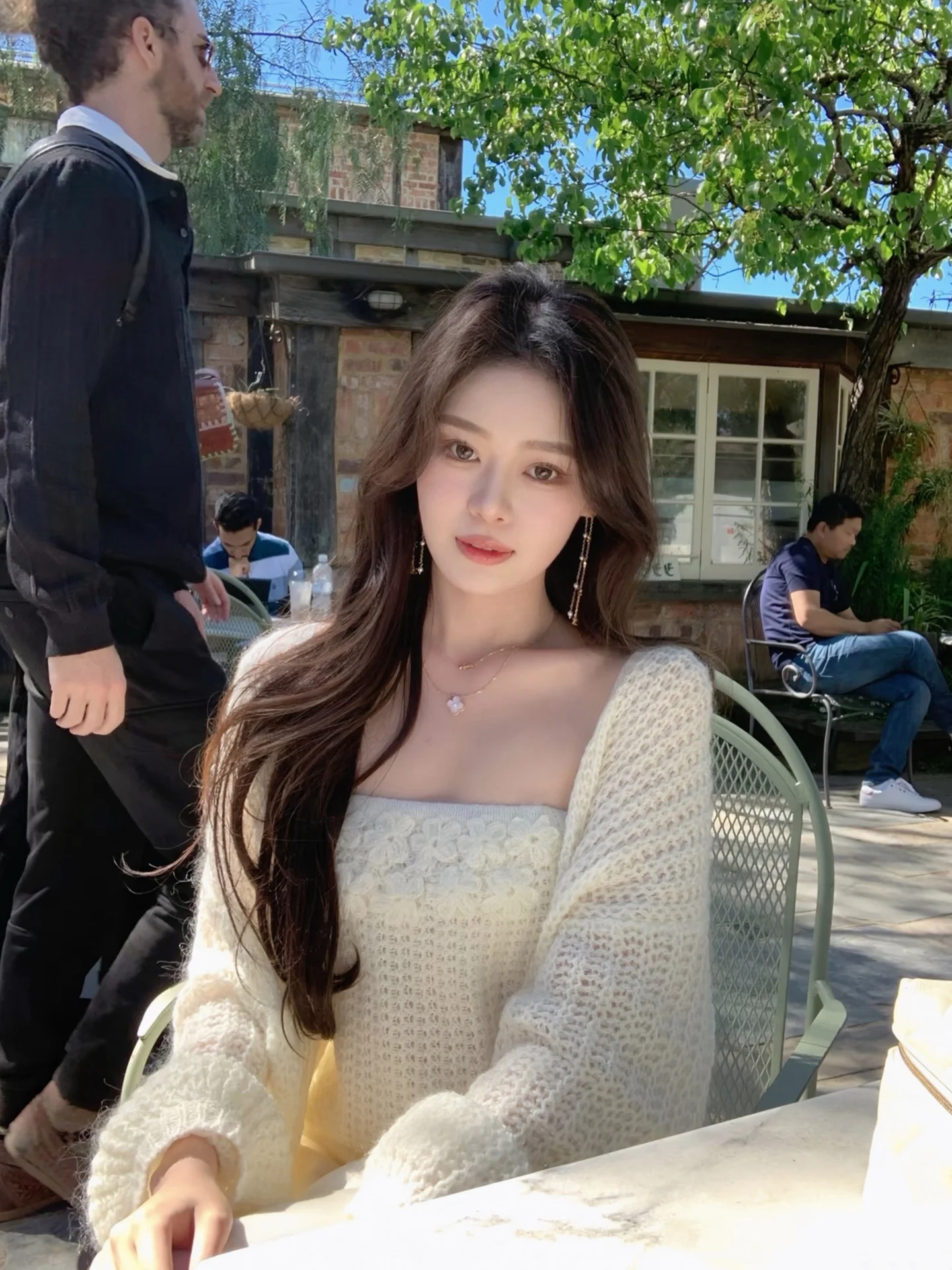 

ByYou Spring Lantern Sve Camere Wool Knitted Open Cardigan Outerwear Set Women's White Strapl Top Two-Piece Set