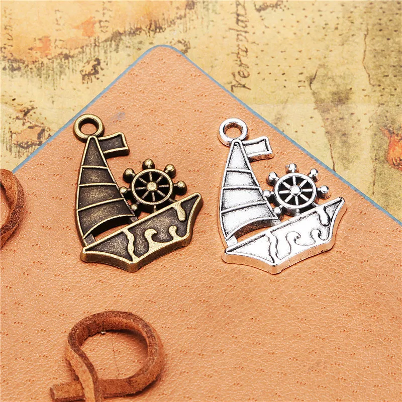 10Pcs/Lot Charms Ship Boat 28x21mm Antique Silver Color Pendants Making DIY Handmade Tibetan Finding Jewelry