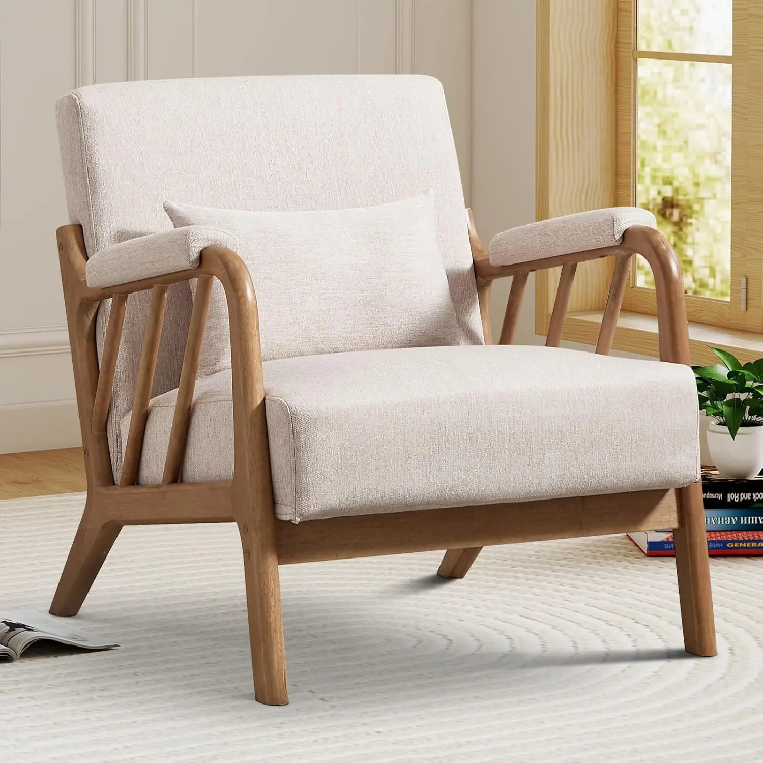 

Century Modern Accent Chair with Solid Wood Frame, Upholstered Living Room Chairs with Lumbar Cushion Padded Arms, Reading A