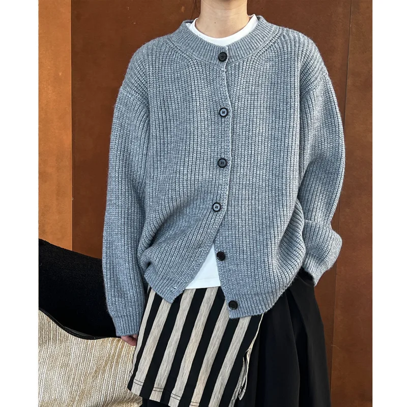 Autumn Winter Coarse Yarn Sweater Cardigan Women Single Breasted Casual Solid Color Loose Knitted Tops