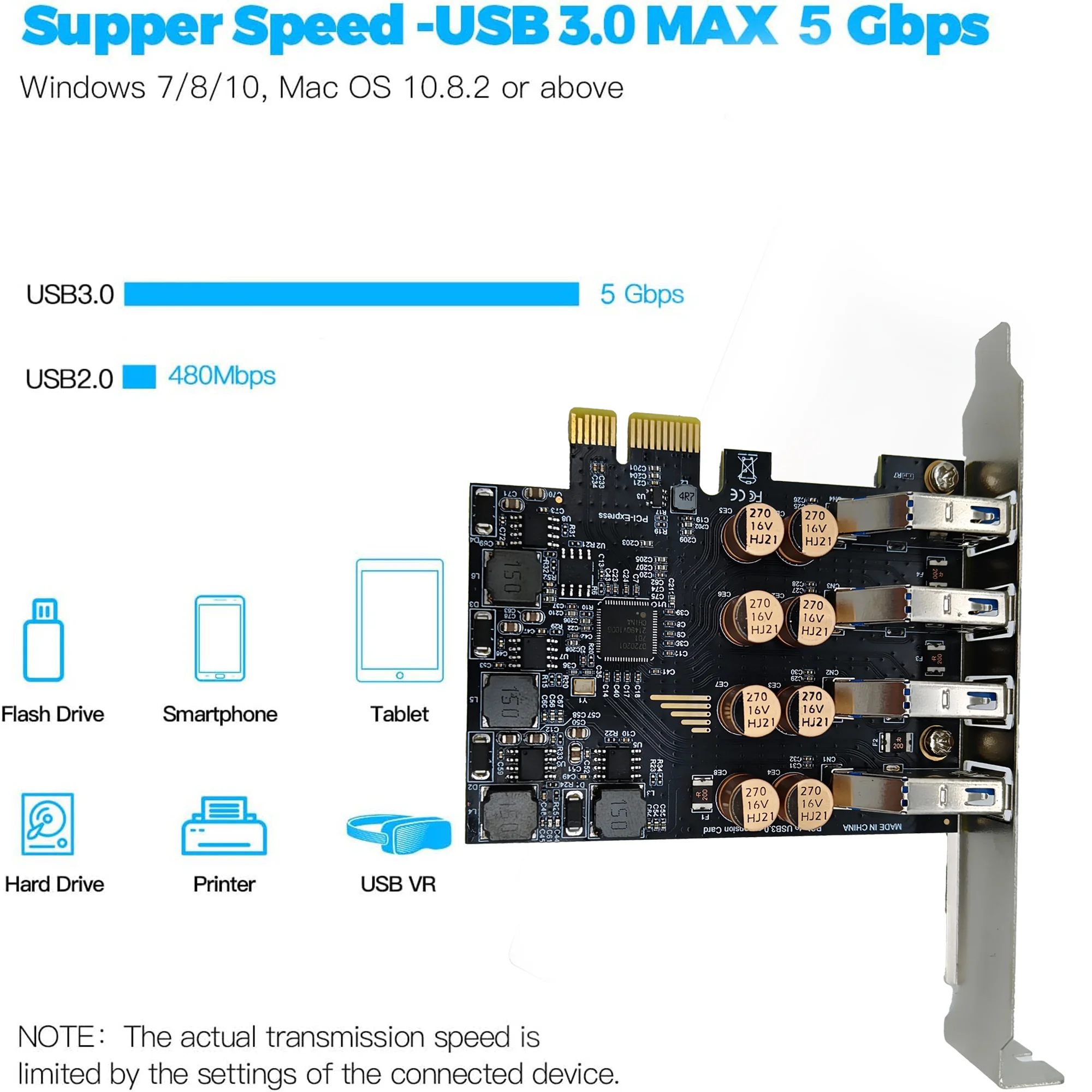 Скидка PCIe на 4 порта USB-A 4-контактный блок питания 5 Гбит/с PCI Express Карта расширения USB 3.2GEN1 Адаптер контроллера Настольный ПК