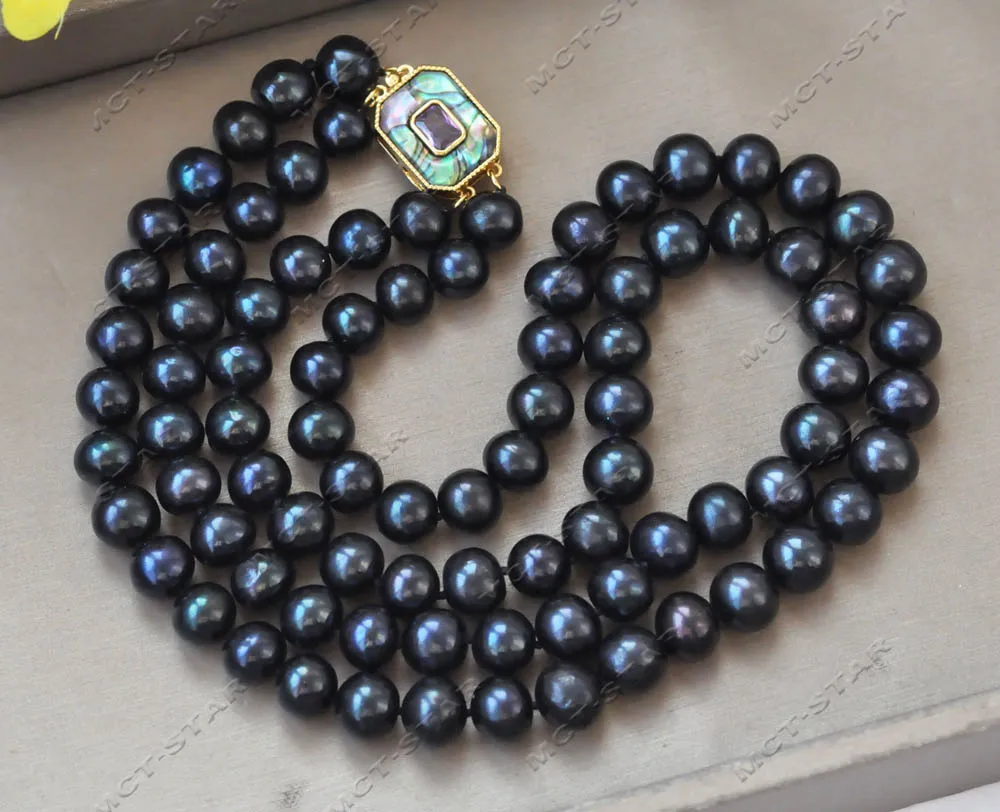 Z13074 2row 18'' 11mm Black Round Freshwater Pearl Necklace Abalone Shell clasp