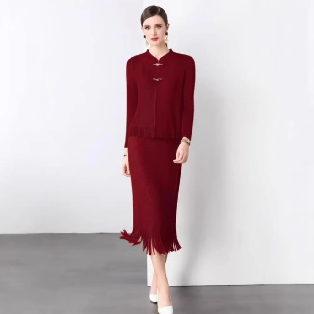 Miyake Design Sense Tassel Fashion Suit Women's Clothing Hot Sale Medium and Long Hip Skirt Pleated Temperament Two-piece Set