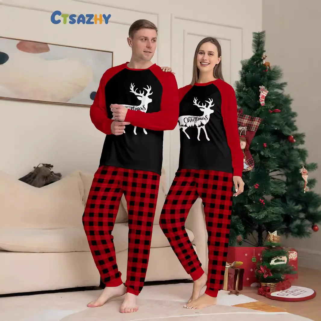Christmas Family Matching Pajamas Set, Reindeer Print Plaid Loungewear, Long Sleeve Top & Pants Sleepwear for Mom Dad Kids