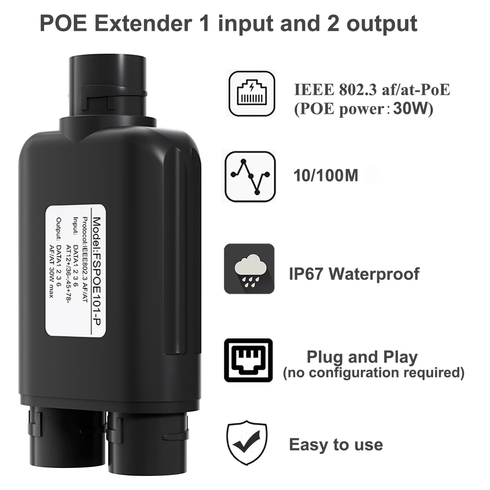 Waterproof POE 2 port Repeater IP67 100Mbps and 1000Mbps 1To2 PoE Extender With IEEE802.3af/at 48V Outdoor For POE Switch Camera