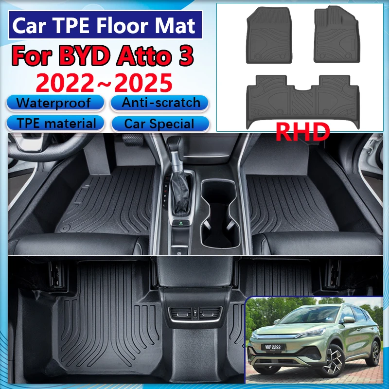 

Автомобильный коврик RHD для BYD Yuan Plus, аксессуары Atto 3 2022 ~ 2024, 2025, водонепроницаемый кожаный коврик для грязи, аксессуары для ног