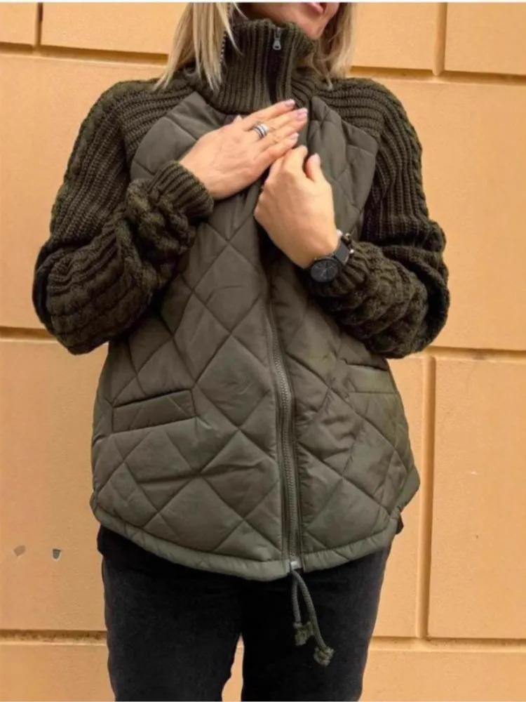 Autumn Winter Jacket For Women New Fashion Stand Collar Knitted Splicing Jacket Causal Long Sleeve Warm Coat Patchwork Outerwear