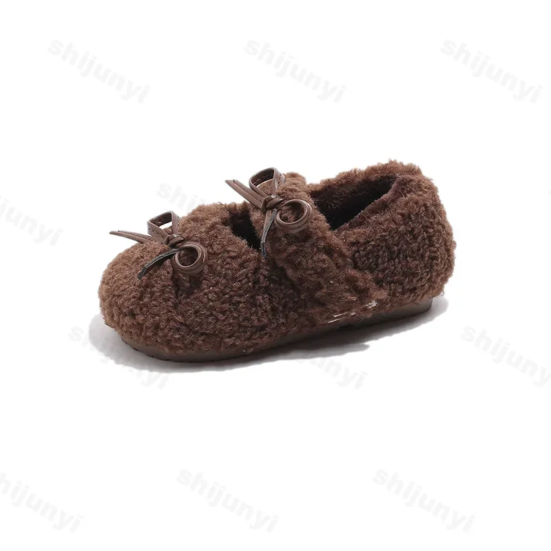 Novo 2025 inverno crianças moda bowknot sapatos planos capa de pele toe luz quente crianças sapato casual de pelúcia antiderrapante confortável meninas sapatos