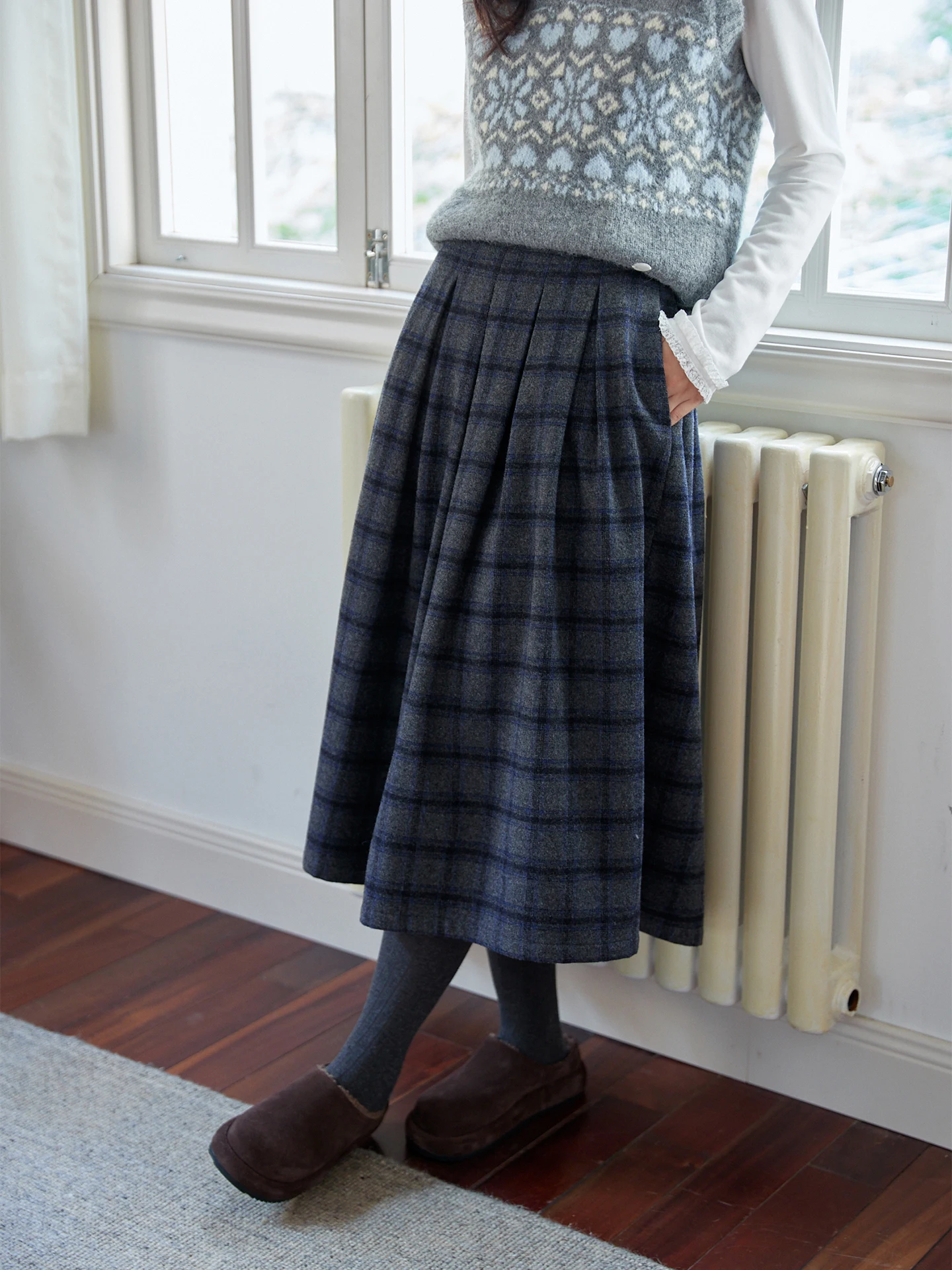 

Винтажная шерстяная юбка в клетку MIXABO для женщин, зимняя, в студенческом стиле, средней длины, А-силуэт, теплая, с высокой талией, из полиэстера