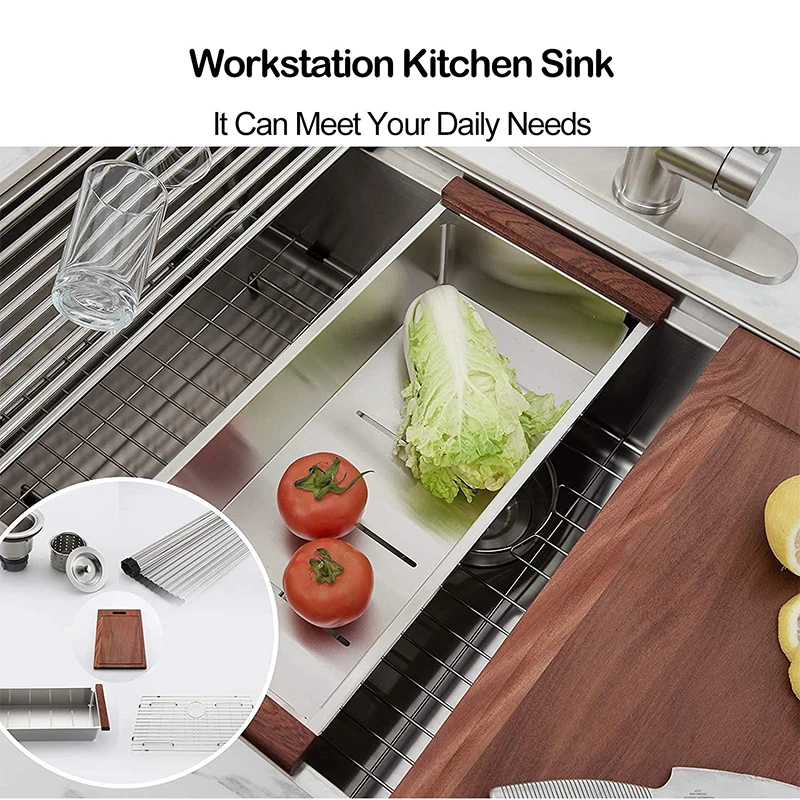 18 Gauge Stainless Steel Single Bowl Workstation Drop‑in Kitchen Sink With Sink Protector