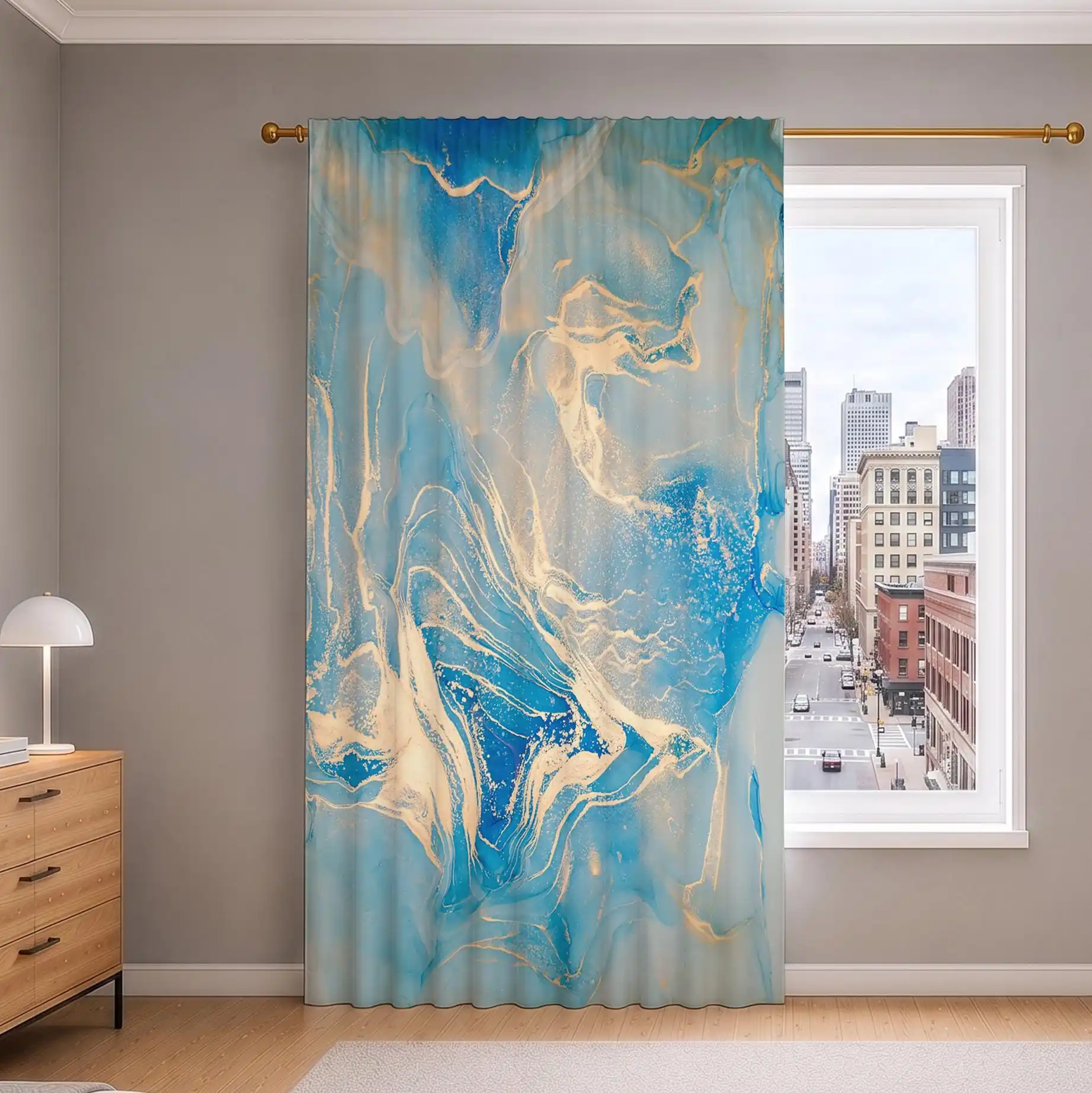 Elegant Blue Gold Abstract Wave Pattern Curtains for Living Room Home Decor Light Filtering Drapes