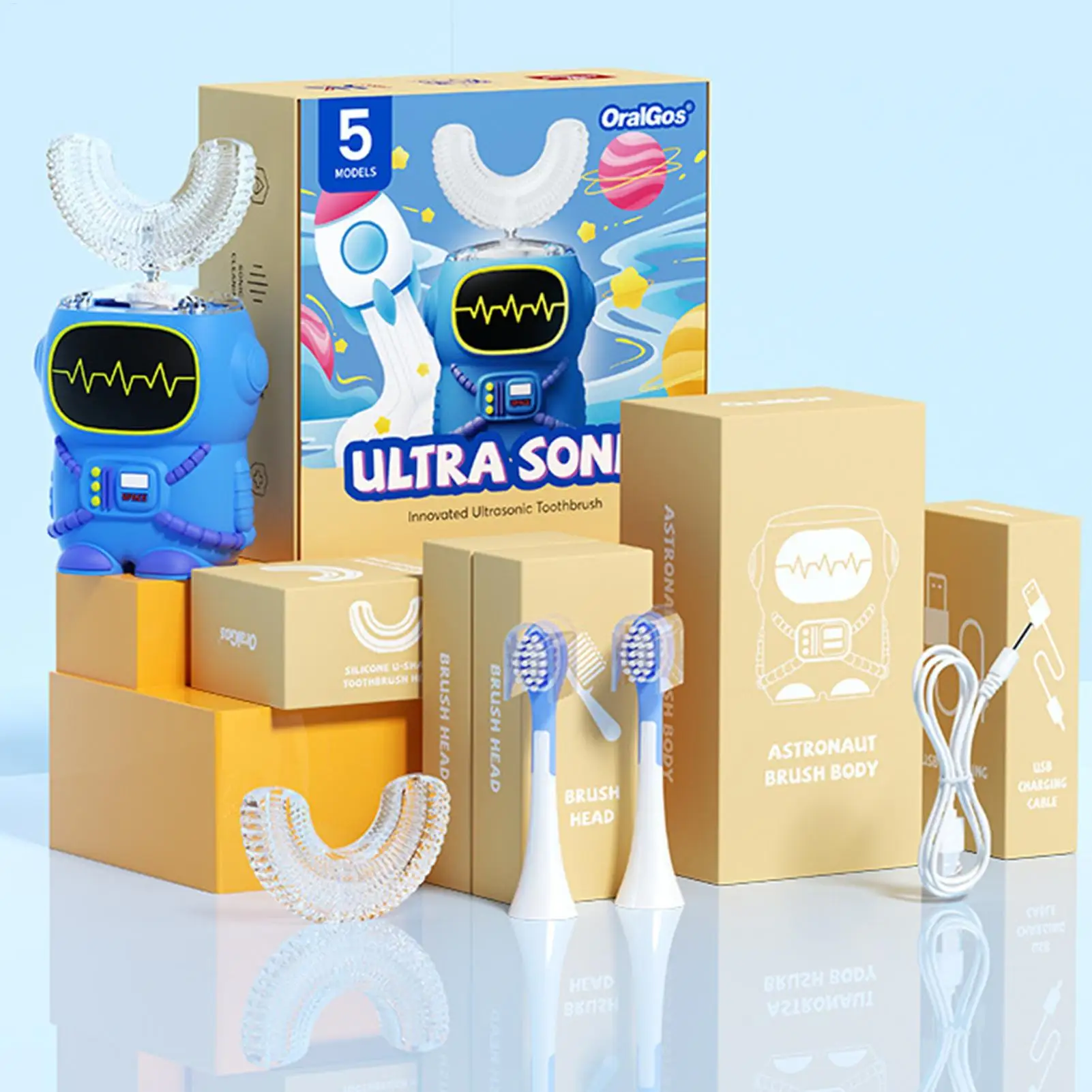 Kid Electric Toothbrush Astronaut Waterproof Ultrasonic Toothbrushes 30S Smart Reminder Care 5 Modes Tooth Brush With 2 Heads