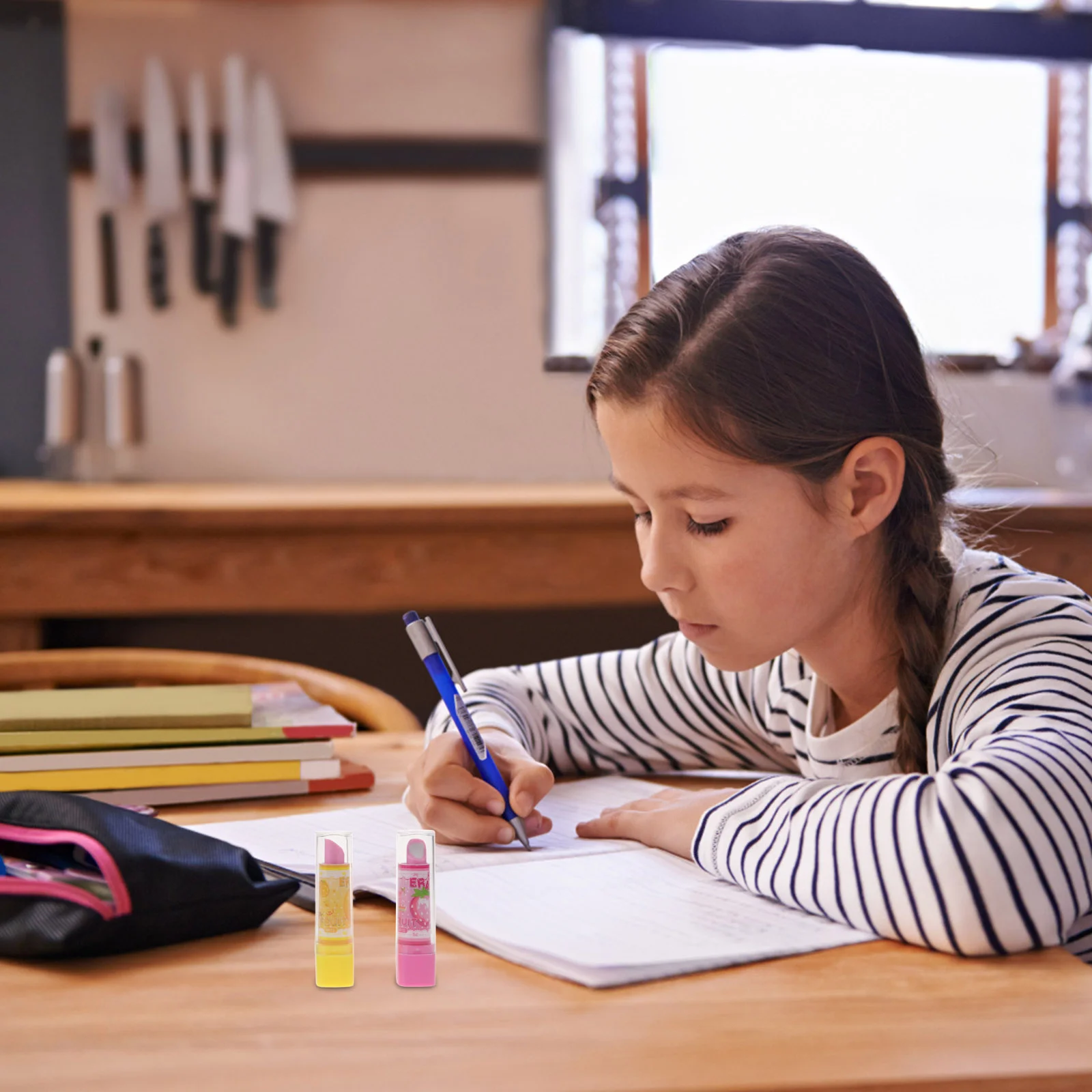 3-delige lippenstift voor kinderen fruitpatroon gum cartoon briefpapier rubberen pen nieuwigheid student