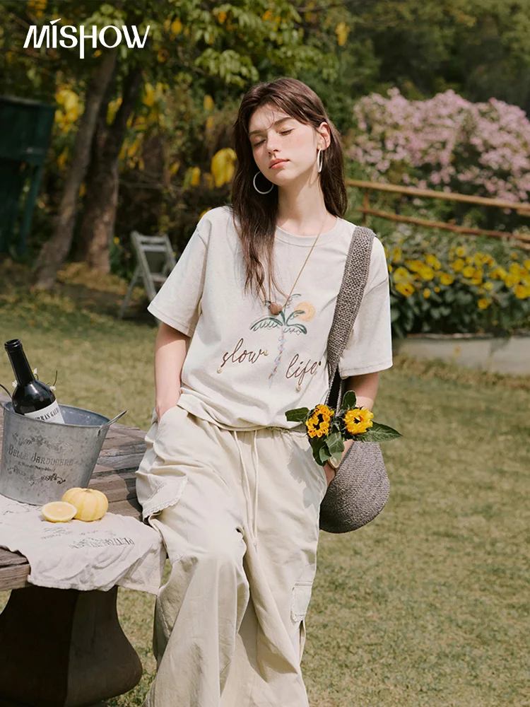 MISHOW Apricot Cargo Pants for Women in Summer 2025 Lace Patchwork Casual Pants Drawstring Elastic Waisted Trousers MXE33K0935