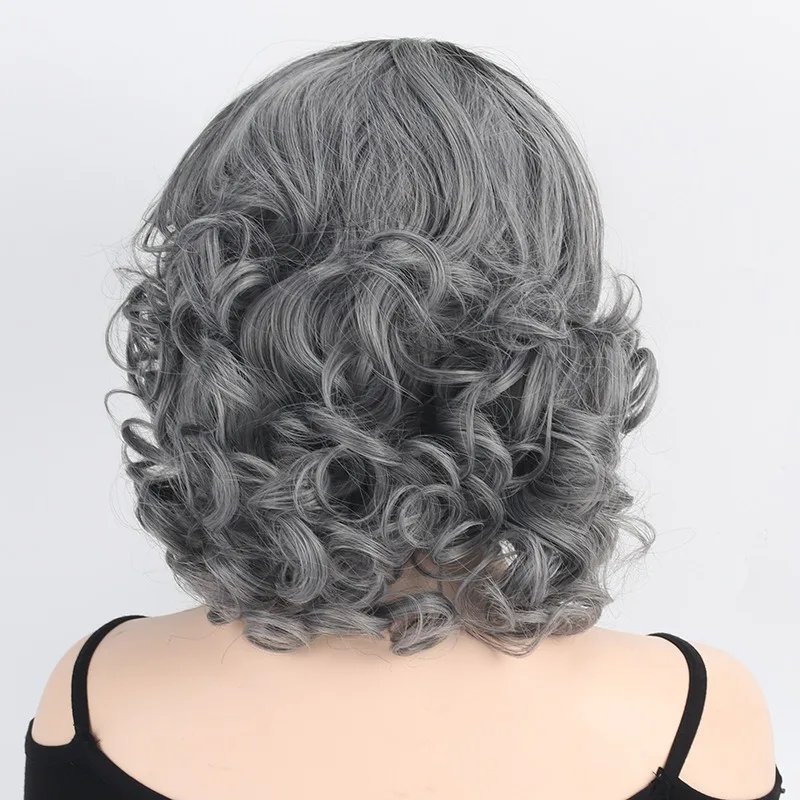 Woman Fashion Short Curly Hair Ball Dress Up Headwear Grandma Grey Shoulder Length Hair Headgear Concert Lady Chemical Fiber Wig