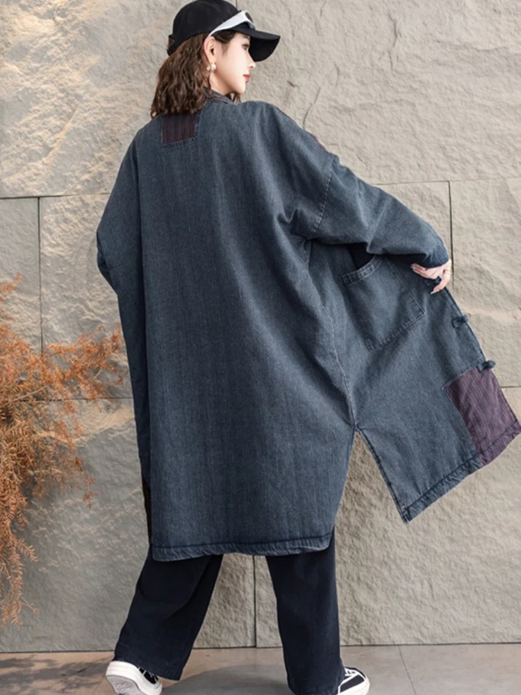 Amax lulue chinês inverno longo parkas das mulheres do vintage moda solta denim acolchoado jaquetas senhoras clássico casual engrossar casacos quentes