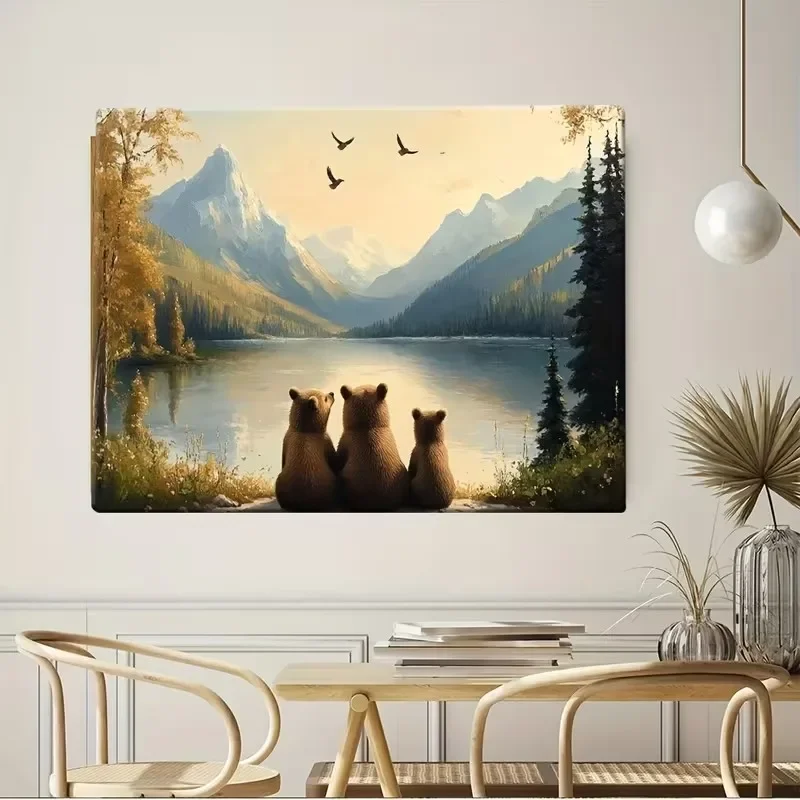 Multiple sizes 1pc frameless Canvas Painting,Bear Family Nursery Woodland Animals Mountain Poster and Prints Canvas Painting Wal