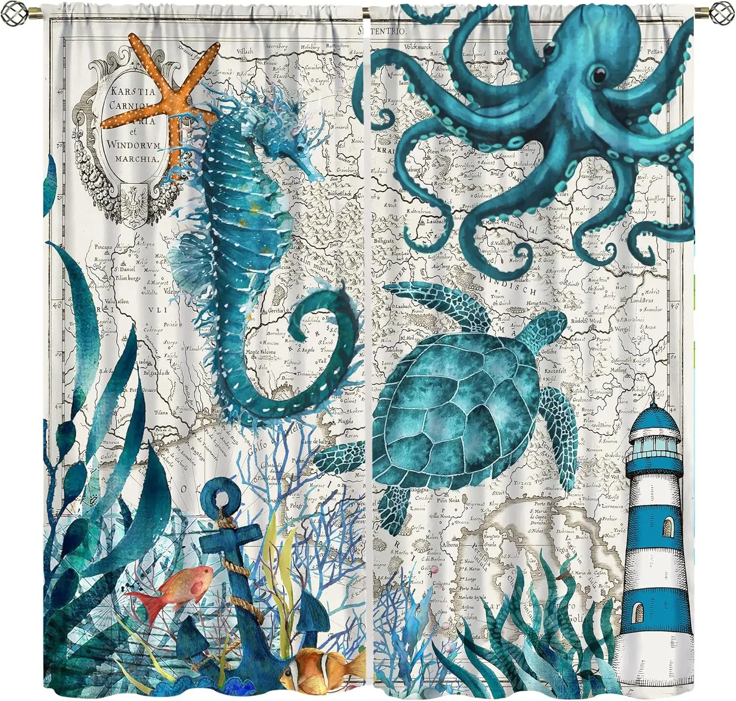 Tortuga marina pulpo Coral náutico costero Vintage ancla caballo de mar océano playa dormitorio ventana cortinas impresas ventana de la sala de estar