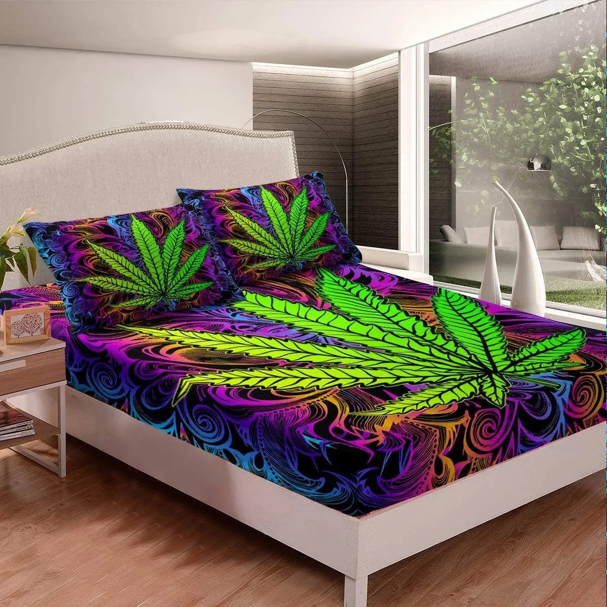 Marijuana Weed Leaf Bed Sheet Set Set,Cannabis Fitted Sheets Bedding Set Cannabis Vibrant Green Colorful Printed Bed Sheet Set