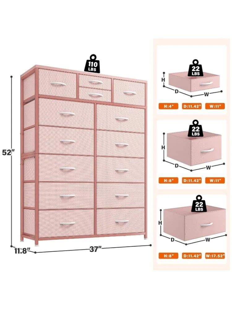 Cómoda rosa, cómoda para dormitorio de niñas con 14 cajones de tela, cómoda y cómoda rosa, cómoda alta para dormitorio