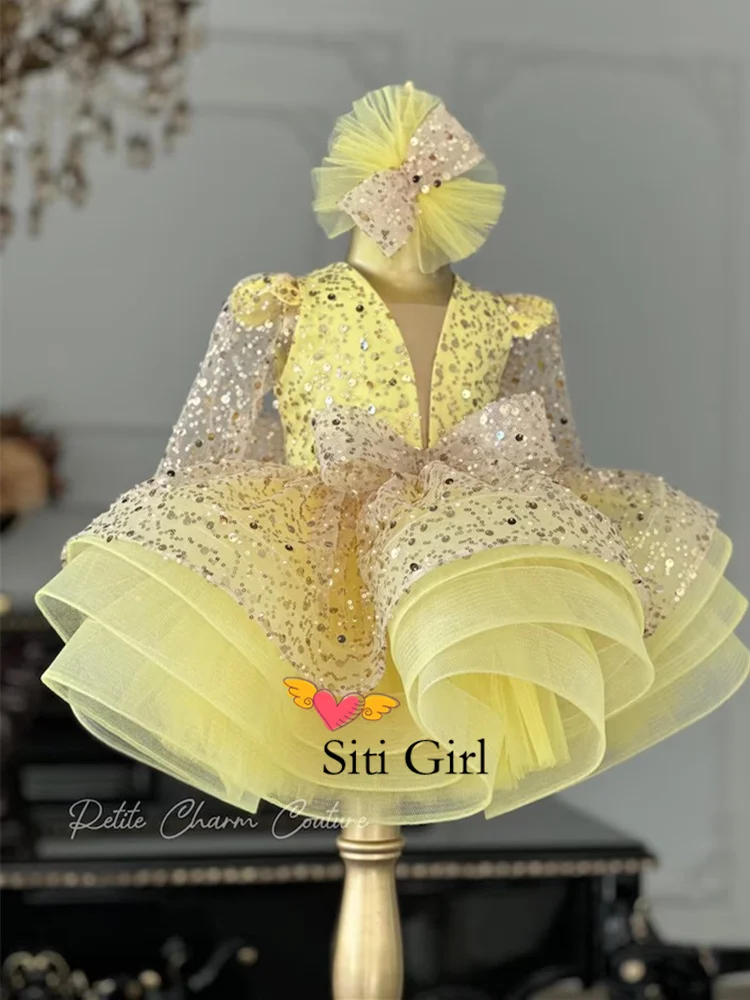 Puffy Gold Satin Flower Girl Dresses Knee Length Glitter Wedding Party Dress Bow Toddler Baby Birthday Pageant Ballet Tutu Dress