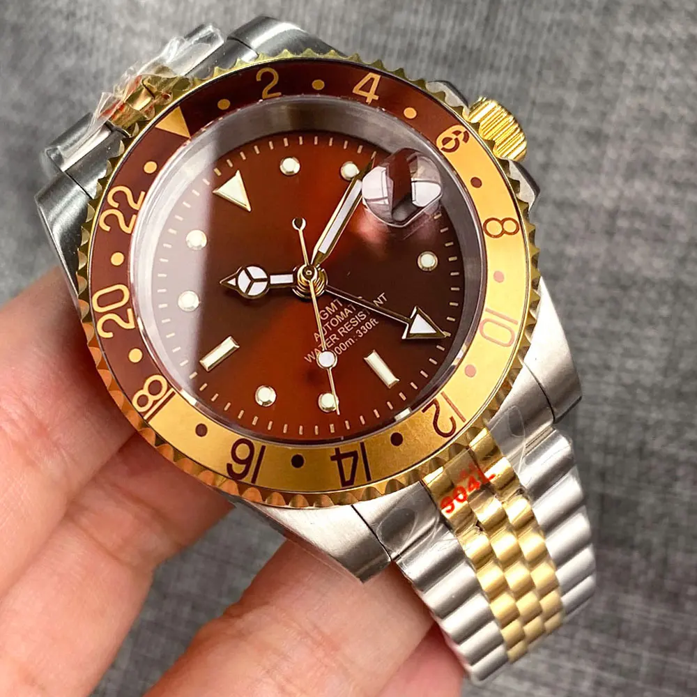 

NH34A 40mm Two Tone Gold NH34 GMT 20ATM Diving Automatic Watch For Men Sunburst Brown Dial Sapphire Glass Luminous 2025