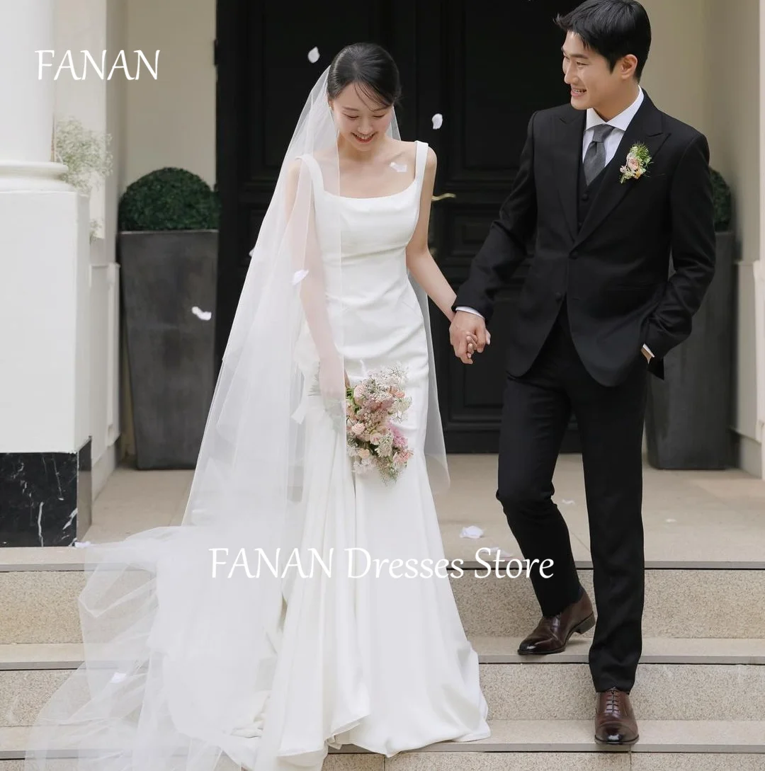 

FANAN Korea Elegant Ivory Square Collar Sheath Simple Wedding Dresses 웨딩드레스 Open Bowith Back Custom Made Bride Gowns Plus Size