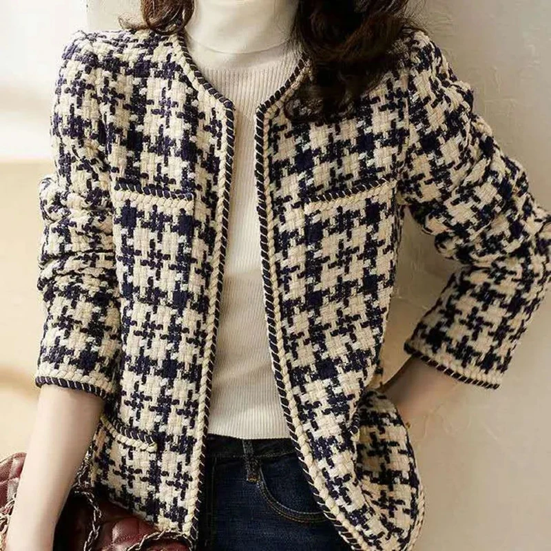 

Vintage Houndstooth O-Neck Tweed Jacket 2023 Fall Winter Long Sleeve Wool Blend Outwear Plus Size Open Stitch Blazer Coat M-3xl